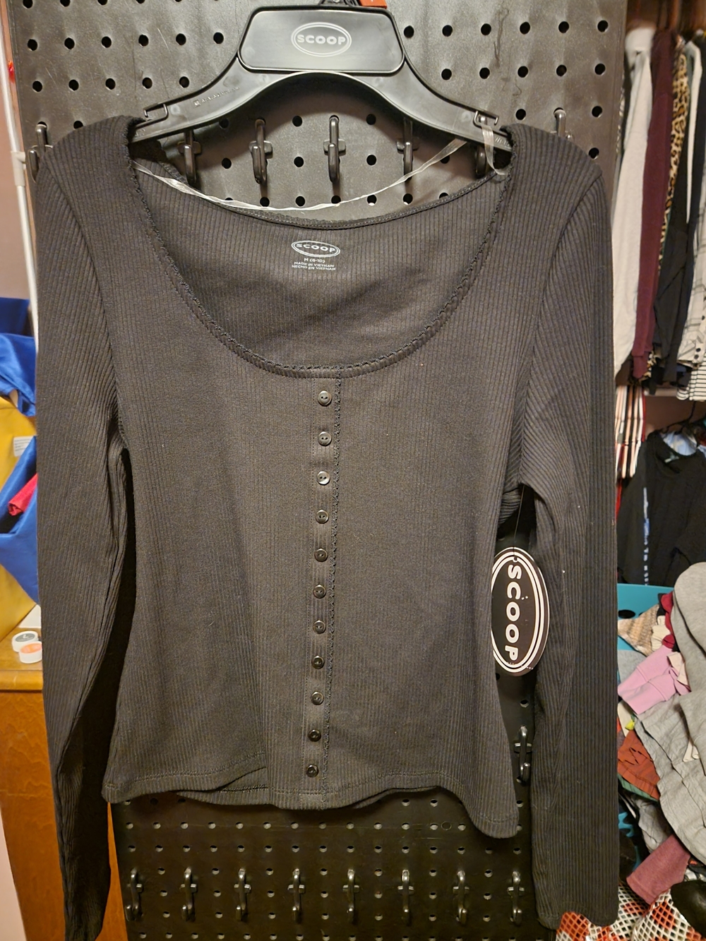 Scoop Black Ribbed Long-Sleeve Button-Front Tee